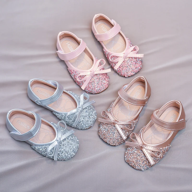 Chic Girl Shoes Rhinestone Chic Children's Leather Shoes Spring Autumn Bowknot Kids Fashion Princess Causal Party Flat Shoes