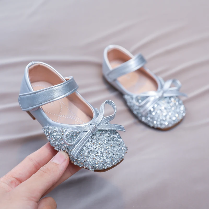 Chic Girl Shoes Rhinestone Chic Children's Leather Shoes Spring Autumn Bowknot Kids Fashion Princess Causal Party Flat Shoes