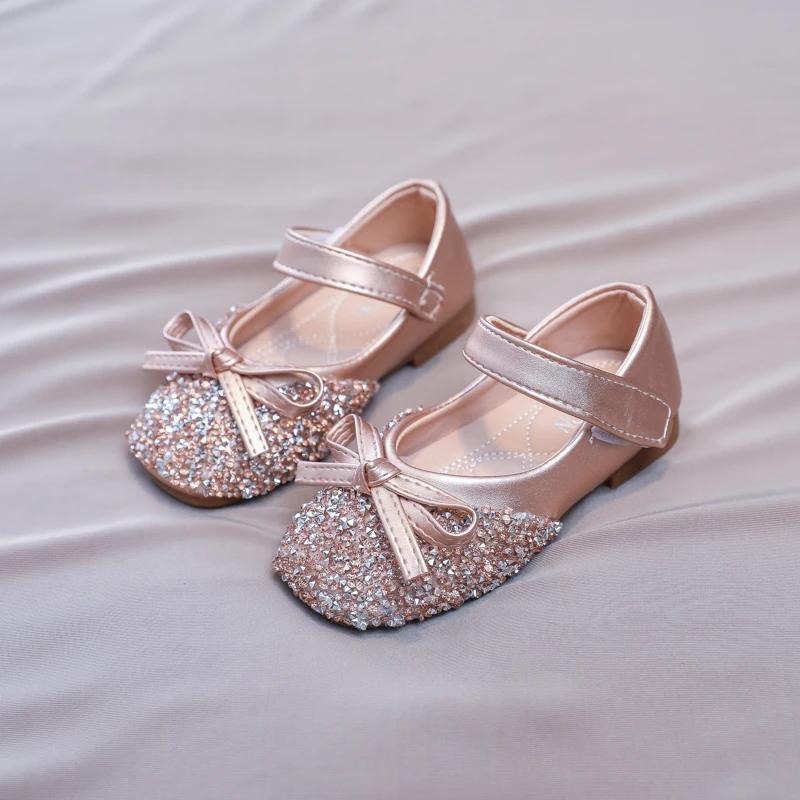 Chic Girl Shoes Rhinestone Chic Children's Leather Shoes Spring Autumn Bowknot Kids Fashion Princess Causal Party Flat Shoes