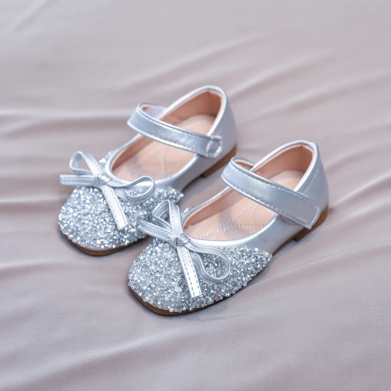 Chic Girl Shoes Rhinestone Chic Children's Leather Shoes Spring Autumn Bowknot Kids Fashion Princess Causal Party Flat Shoes