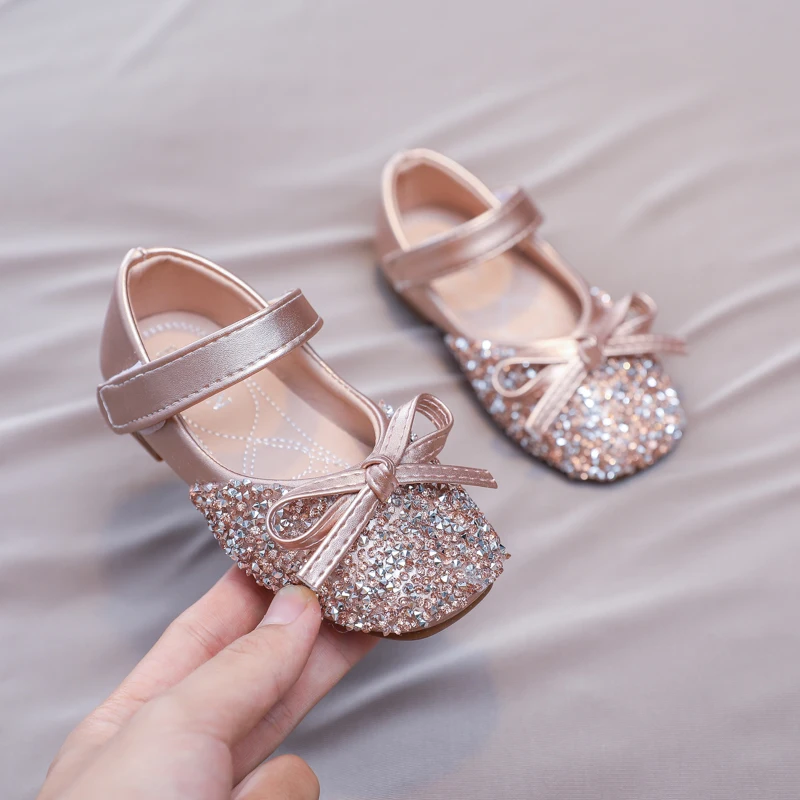 Chic Girl Shoes Rhinestone Chic Children's Leather Shoes Spring Autumn Bowknot Kids Fashion Princess Causal Party Flat Shoes