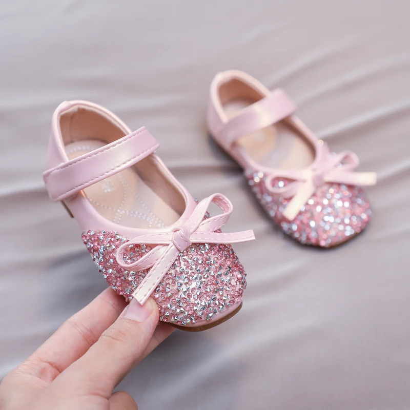 Chic Girl Shoes Rhinestone Chic Children's Leather Shoes Spring Autumn Bowknot Kids Fashion Princess Causal Party Flat Shoes