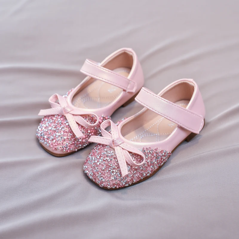 Chic Girl Shoes Rhinestone Chic Children's Leather Shoes Spring Autumn Bowknot Kids Fashion Princess Causal Party Flat Shoes