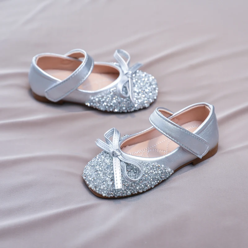Chic Girl Shoes Rhinestone Chic Children's Leather Shoes Spring Autumn Bowknot Kids Fashion Princess Causal Party Flat Shoes