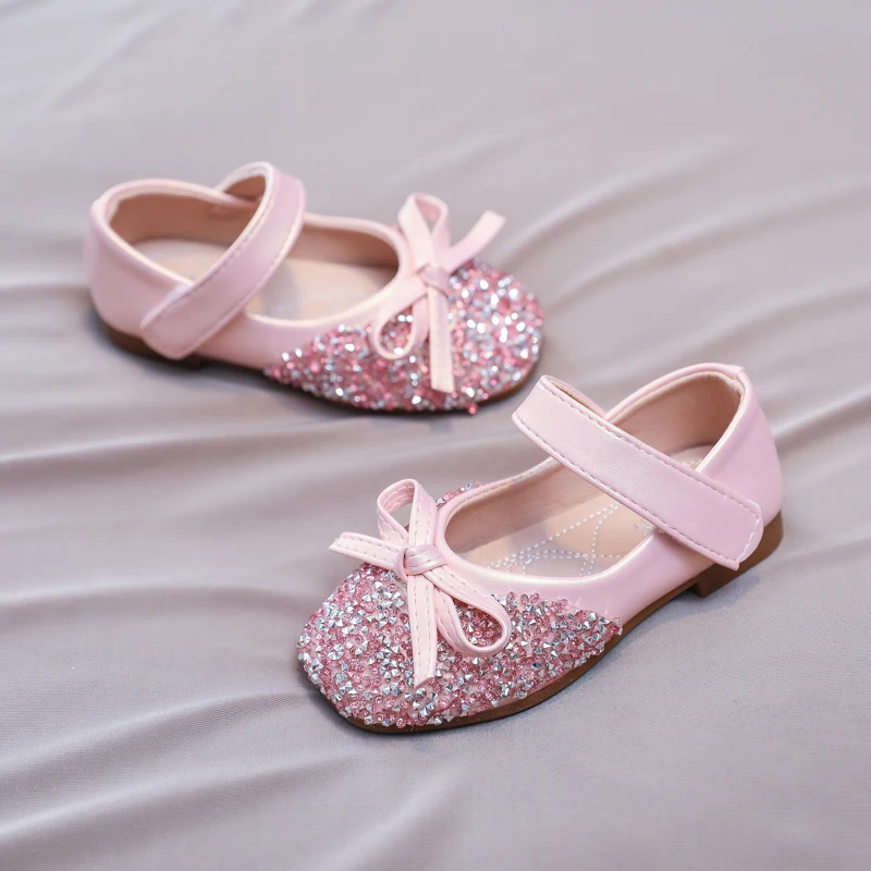 Chic Girl Shoes Rhinestone Chic Children's Leather Shoes Spring Autumn Bowknot Kids Fashion Princess Causal Party Flat Shoes