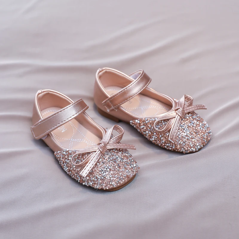 Chic Girl Shoes Rhinestone Chic Children's Leather Shoes Spring Autumn Bowknot Kids Fashion Princess Causal Party Flat Shoes