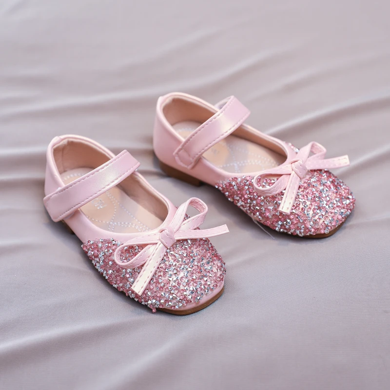 Chic Girl Shoes Rhinestone Chic Children's Leather Shoes Spring Autumn Bowknot Kids Fashion Princess Causal Party Flat Shoes
