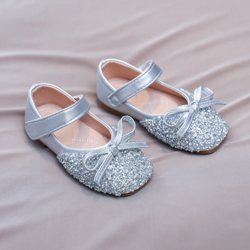 Chic Girl Shoes Rhinestone Chic Children's Leather Shoes Spring Autumn Bowknot Kids Fashion Princess Causal Party Flat Shoes