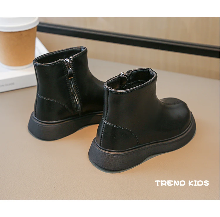 Children Fashion Boots Simple Girls Ankle Boot Black Kids Short Leather Boots Side Zipper Thick Bottom Autumn Winter 2024 New