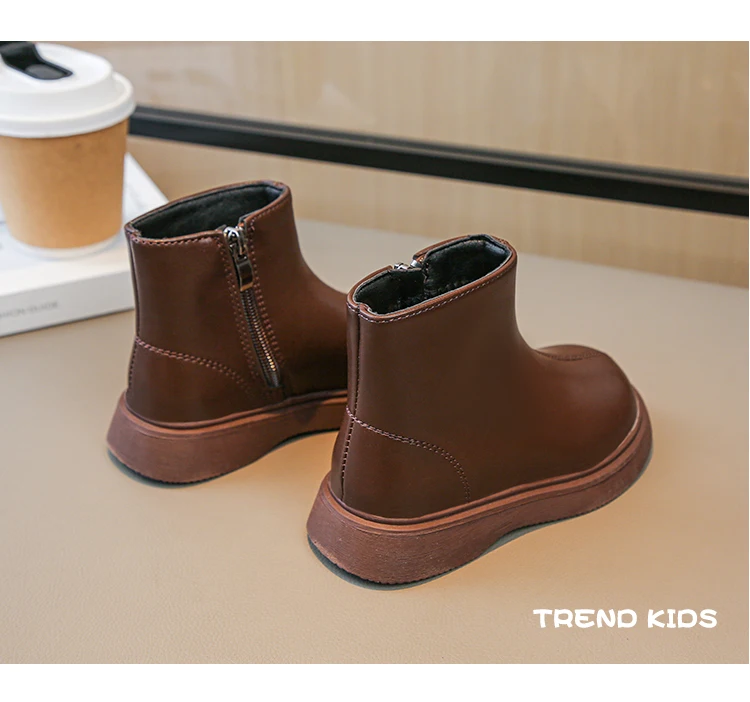 Children Fashion Boots Simple Girls Ankle Boot Black Kids Short Leather Boots Side Zipper Thick Bottom Autumn Winter 2024 New
