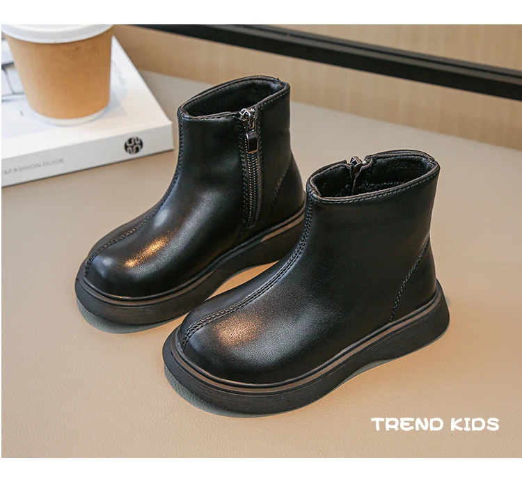 Children Fashion Boots Simple Girls Ankle Boot Black Kids Short Leather Boots Side Zipper Thick Bottom Autumn Winter 2024 New