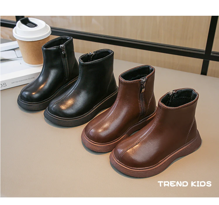 Children Fashion Boots Simple Girls Ankle Boot Black Kids Short Leather Boots Side Zipper Thick Bottom Autumn Winter 2024 New