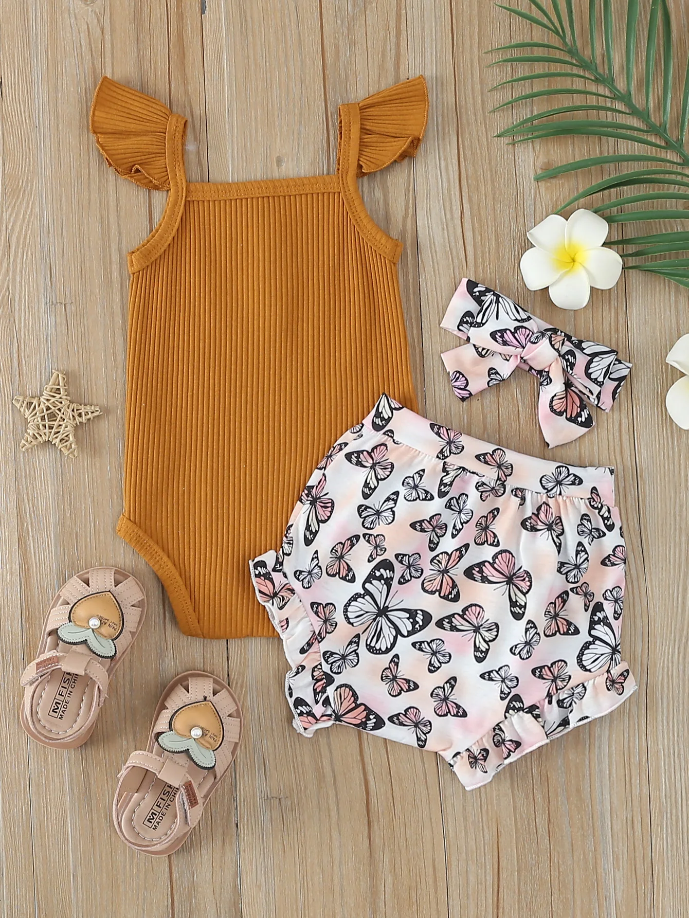 Newborn Cute Baby Girl Clothes Set Sleeveless Bodysuit Butterfly Printed Shorts 3Pcs Summer Clothing Suit Baby Girl Clothes
