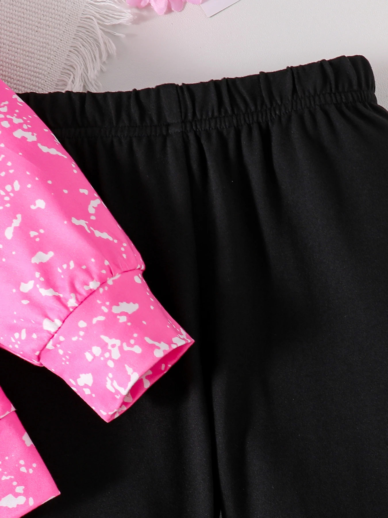 Children's Spring and autumn girls fashion 2 sets butterfly print pink crew neck long sleeve shirt black slim stretch pants