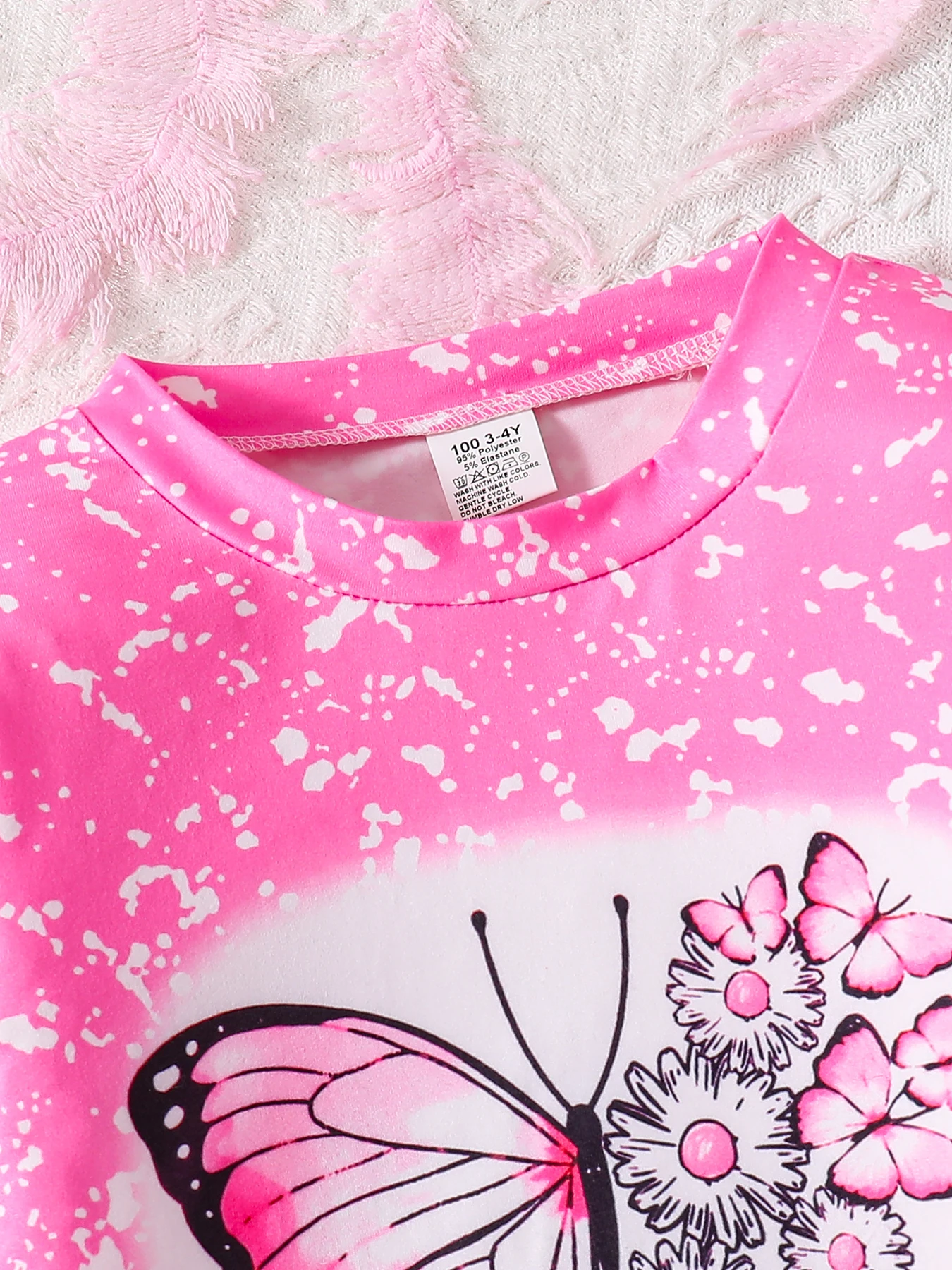 Children's Spring and autumn girls fashion 2 sets butterfly print pink crew neck long sleeve shirt black slim stretch pants