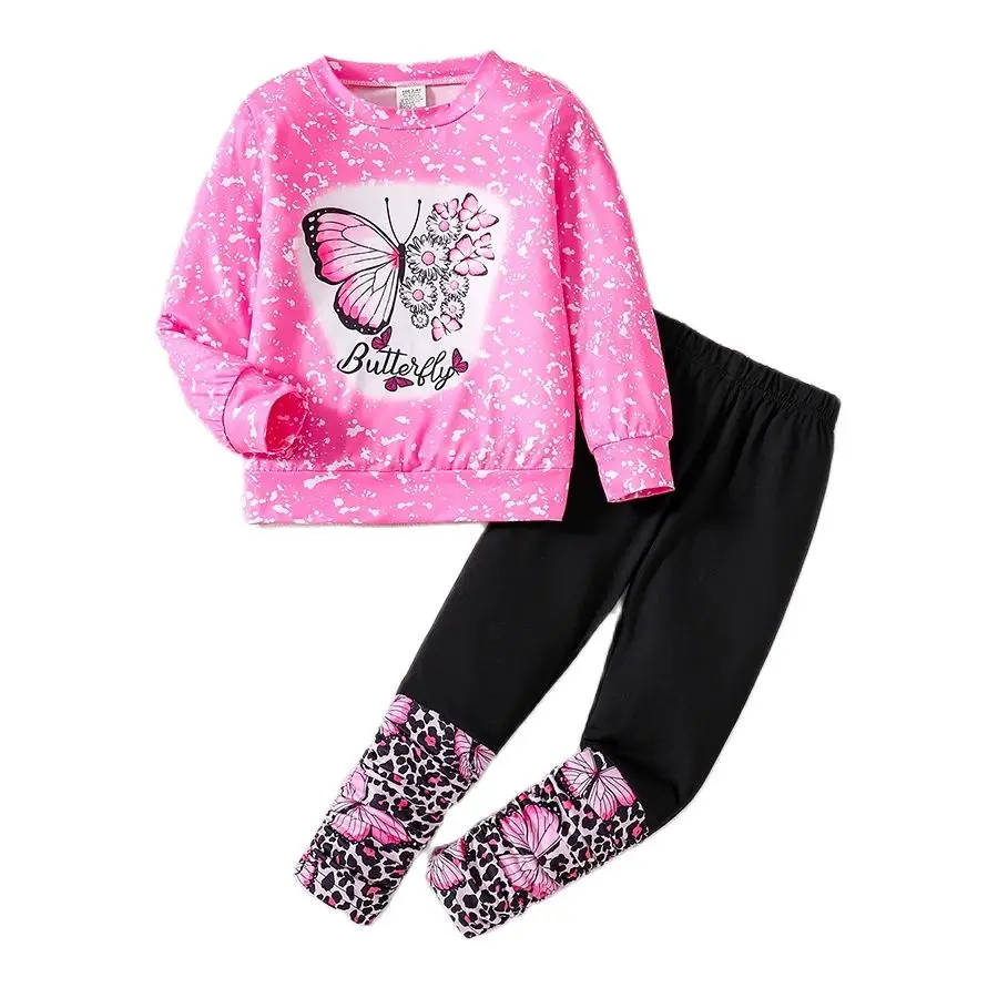 Children's Spring and autumn girls fashion 2 sets butterfly print pink crew neck long sleeve shirt black slim stretch pants
