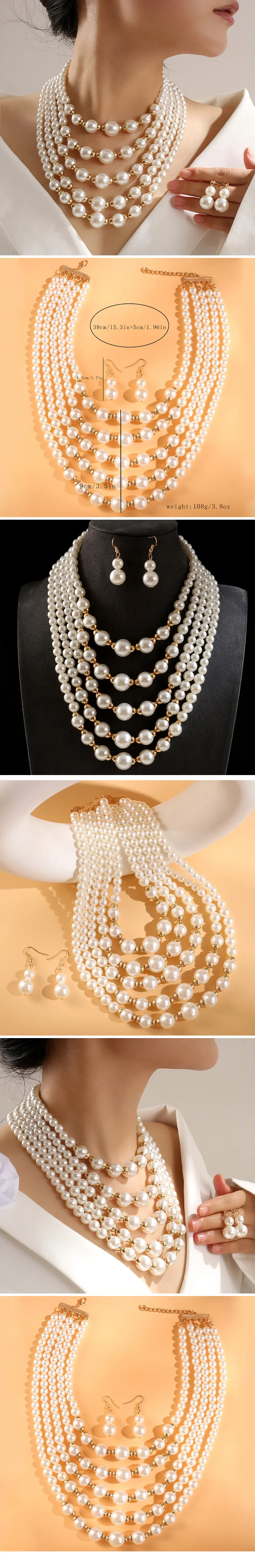 Kymyad Jewelry Sets Simulated Pearl Beads Multilayer Necklace Earrings Set For Women Bijoux Statement Collar Necklace Set