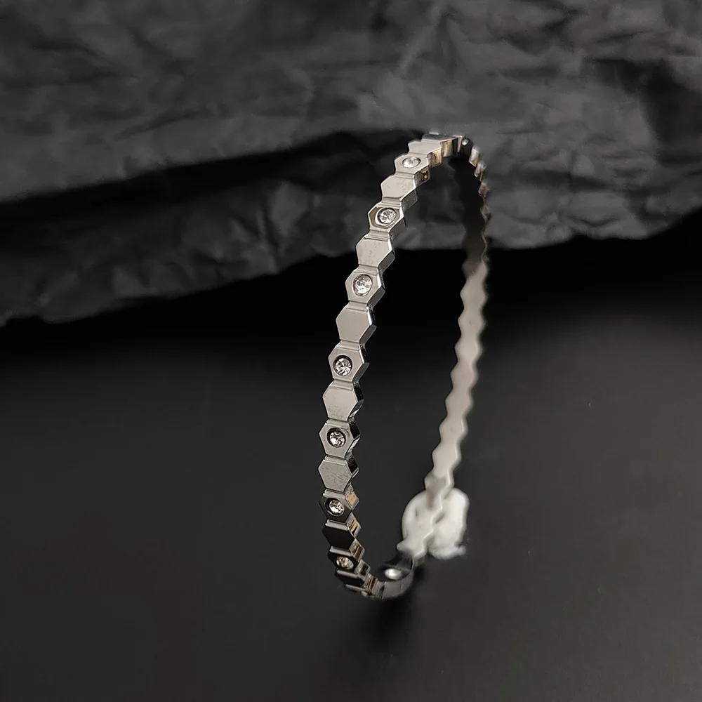 New Gold Plated Stainless Steel Honeycomb Zircon Hexagon Bracelet for Women, Wedding Party Jewelry