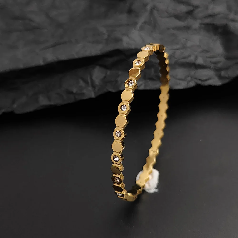 New Gold Plated Stainless Steel Honeycomb Zircon Hexagon Bracelet for Women, Wedding Party Jewelry