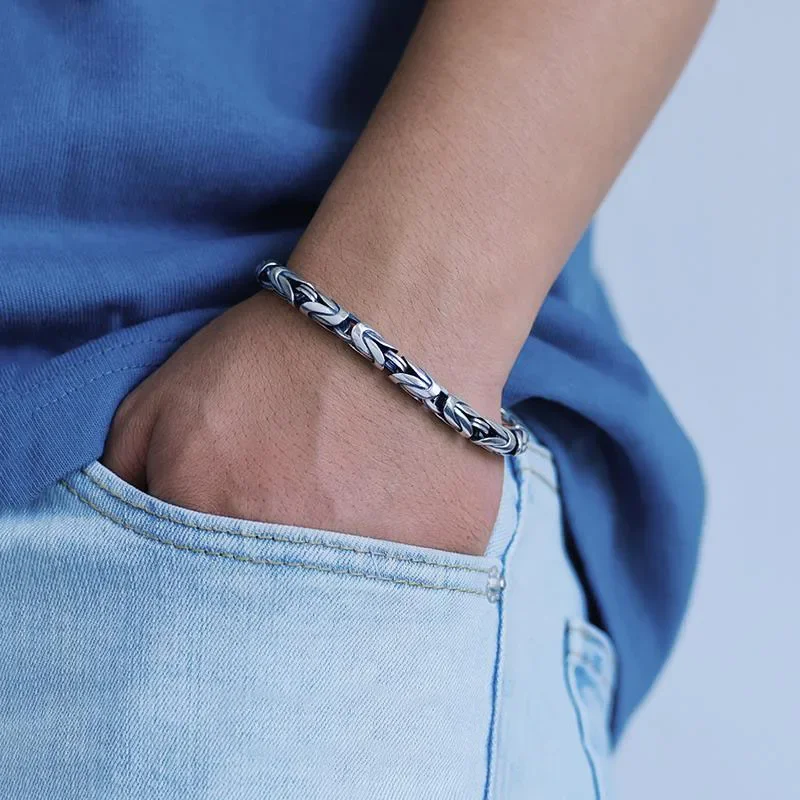 HX New Silver Color 5mm Handmade Retro Men's Safe Braided Bracelet Tide Hip Hop Niche Jewelry Accessories