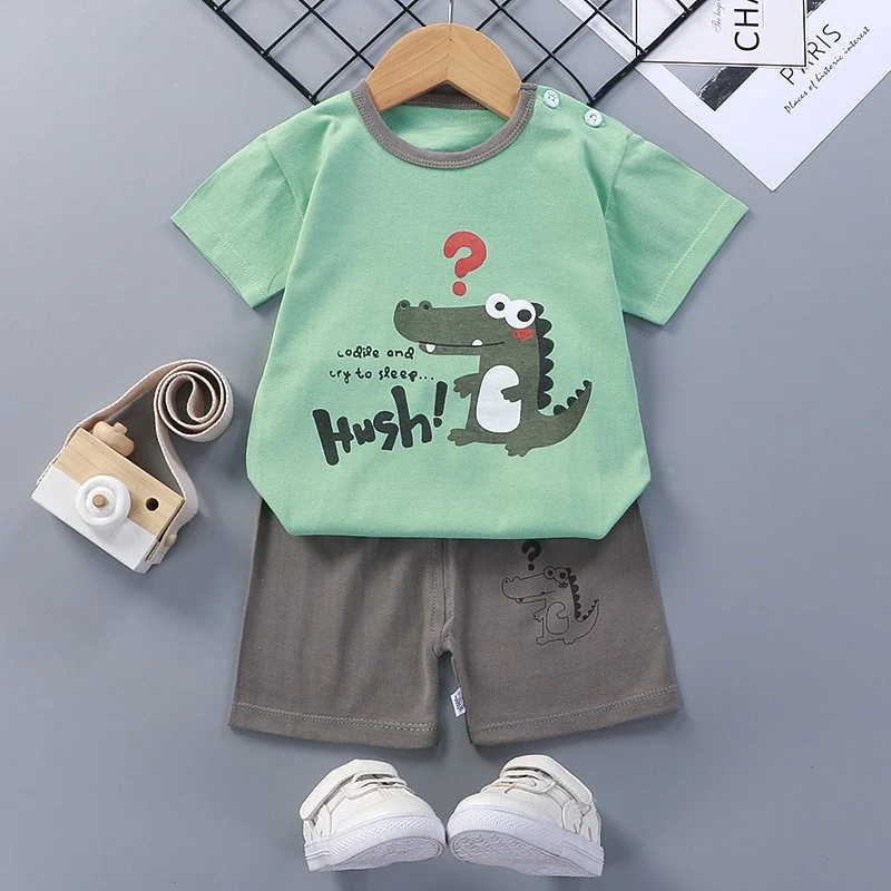 T-Shirt+Shorts 2-Piece Set Cotton Pajama Cartoon Bear Dinosaur Kid Baby Boys Girls Summer Casual Tracksuit Clothes Sut 1-4 Years