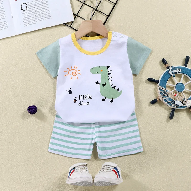 T-Shirt+Shorts 2-Piece Set Cotton Pajama Cartoon Bear Dinosaur Kid Baby Boys Girls Summer Casual Tracksuit Clothes Sut 1-4 Years