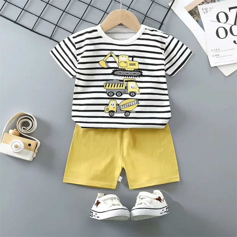 T-Shirt+Shorts 2-Piece Set Cotton Pajama Cartoon Bear Dinosaur Kid Baby Boys Girls Summer Casual Tracksuit Clothes Sut 1-4 Years