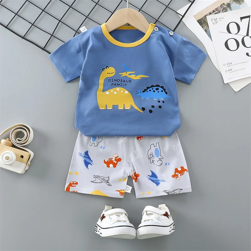 T-Shirt+Shorts 2-Piece Set Cotton Pajama Cartoon Bear Dinosaur Kid Baby Boys Girls Summer Casual Tracksuit Clothes Sut 1-4 Years