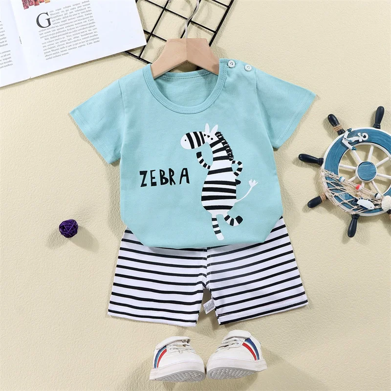 T-Shirt+Shorts 2-Piece Set Cotton Pajama Cartoon Bear Dinosaur Kid Baby Boys Girls Summer Casual Tracksuit Clothes Sut 1-4 Years