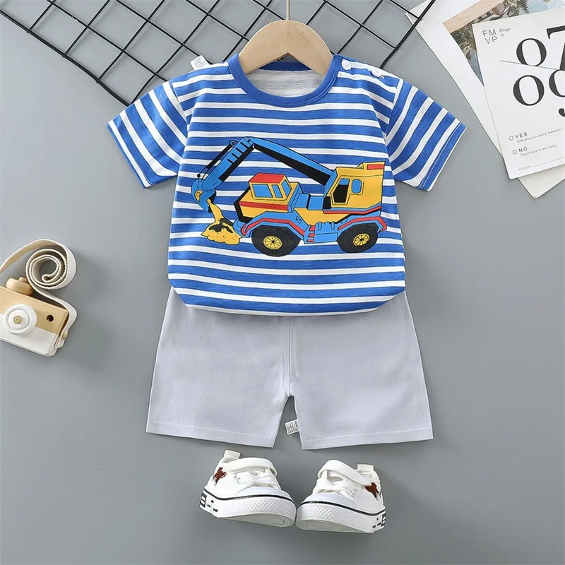 T-Shirt+Shorts 2-Piece Set Cotton Pajama Cartoon Bear Dinosaur Kid Baby Boys Girls Summer Casual Tracksuit Clothes Sut 1-4 Years