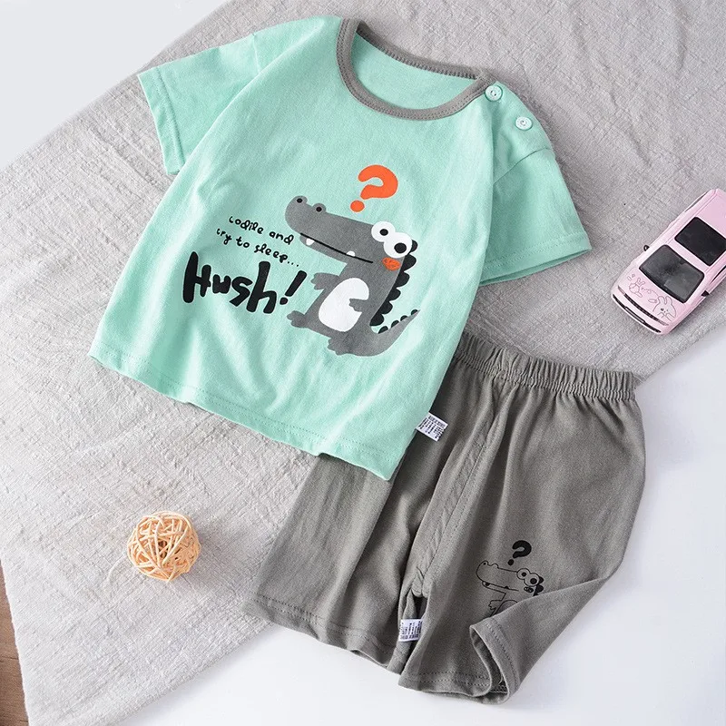 T-Shirt+Shorts 2-Piece Set Cotton Pajama Cartoon Bear Dinosaur Kid Baby Boys Girls Summer Casual Tracksuit Clothes Sut 1-4 Years