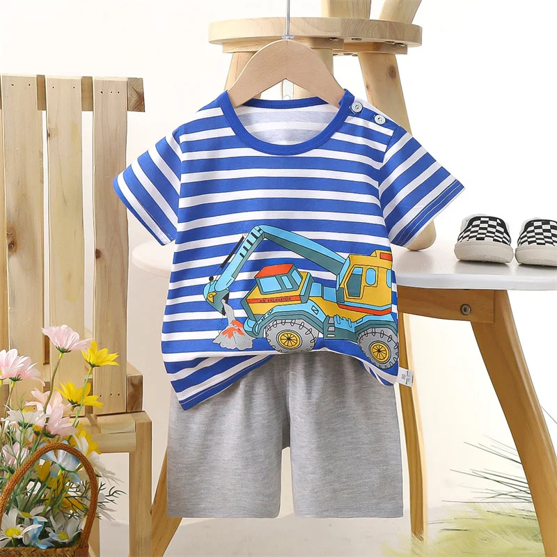 T-Shirt+Shorts 2-Piece Set Cotton Pajama Cartoon Bear Dinosaur Kid Baby Boys Girls Summer Casual Tracksuit Clothes Sut 1-4 Years
