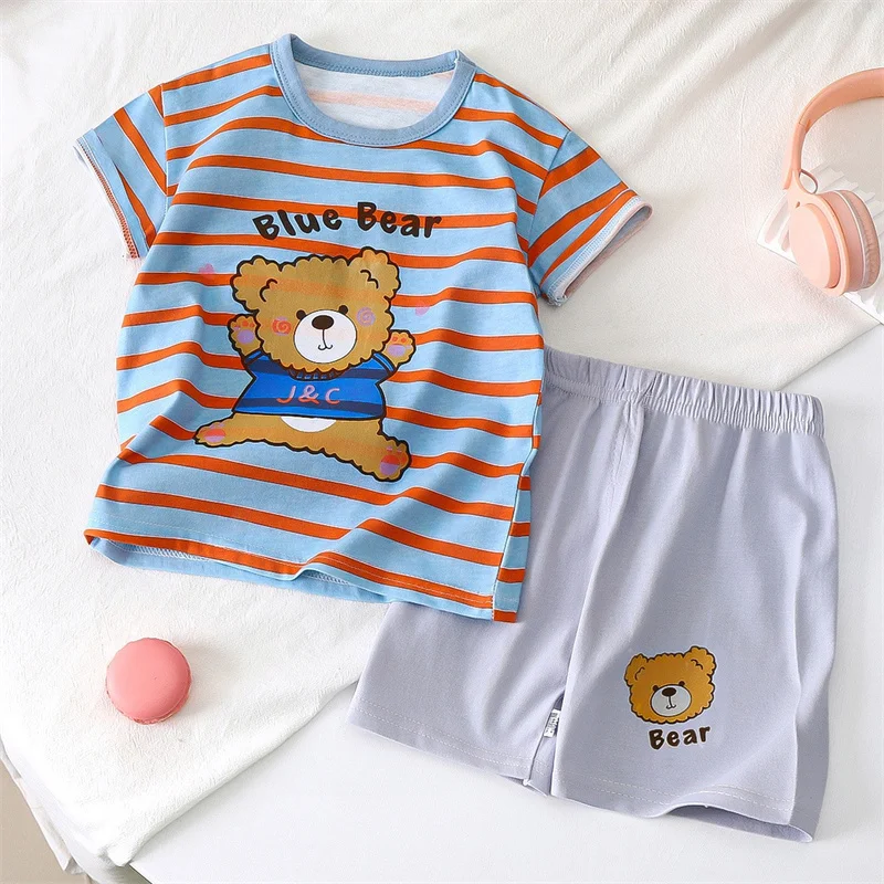T-Shirt+Shorts 2-Piece Set Cotton Pajama Cartoon Bear Dinosaur Kid Baby Boys Girls Summer Casual Tracksuit Clothes Sut 1-4 Years
