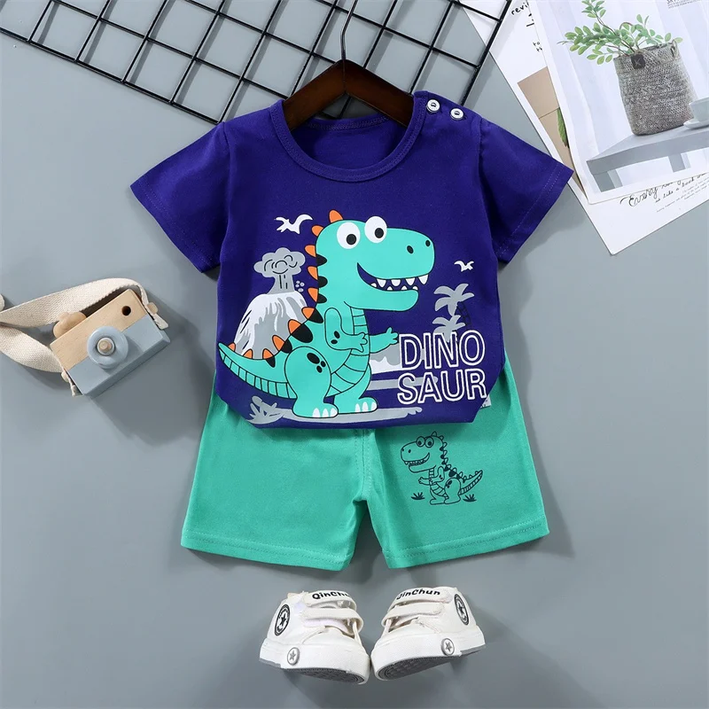 T-Shirt+Shorts 2-Piece Set Cotton Pajama Cartoon Bear Dinosaur Kid Baby Boys Girls Summer Casual Tracksuit Clothes Sut 1-4 Years