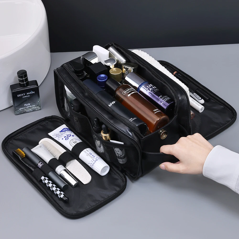 Multi Pockets PU Toiletry Bag For Women Men Travel Essentials Makeup Bag Waterproof Hanging Bag Cosmetic Washing Organizer Bag