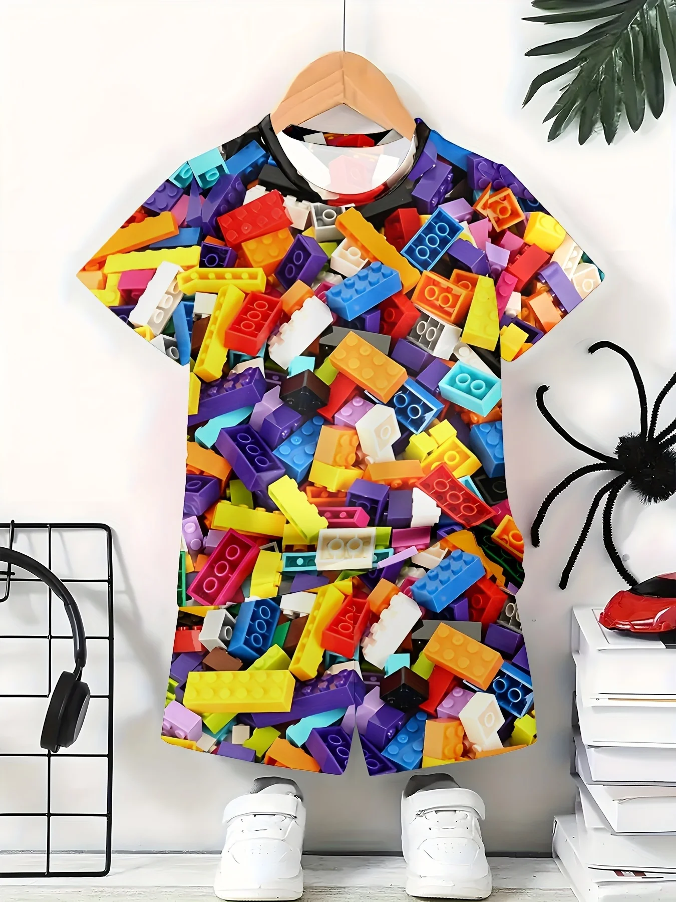 2026 Children's Clothing 3D Colourful Bricks Summer Tops Child Sets Short Sleeve Kids Tracksuit Sets Fashion Boys Kids Clothes