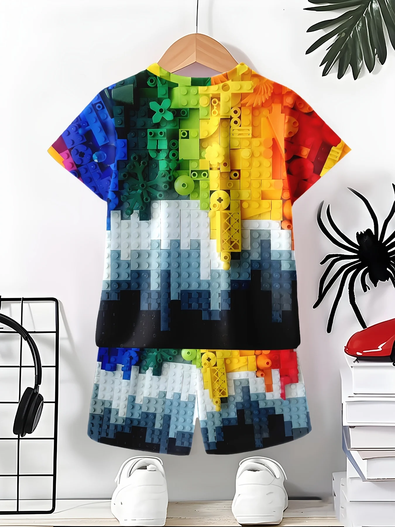 2026 Children's Clothing 3D Colourful Bricks Summer Tops Child Sets Short Sleeve Kids Tracksuit Sets Fashion Boys Kids Clothes