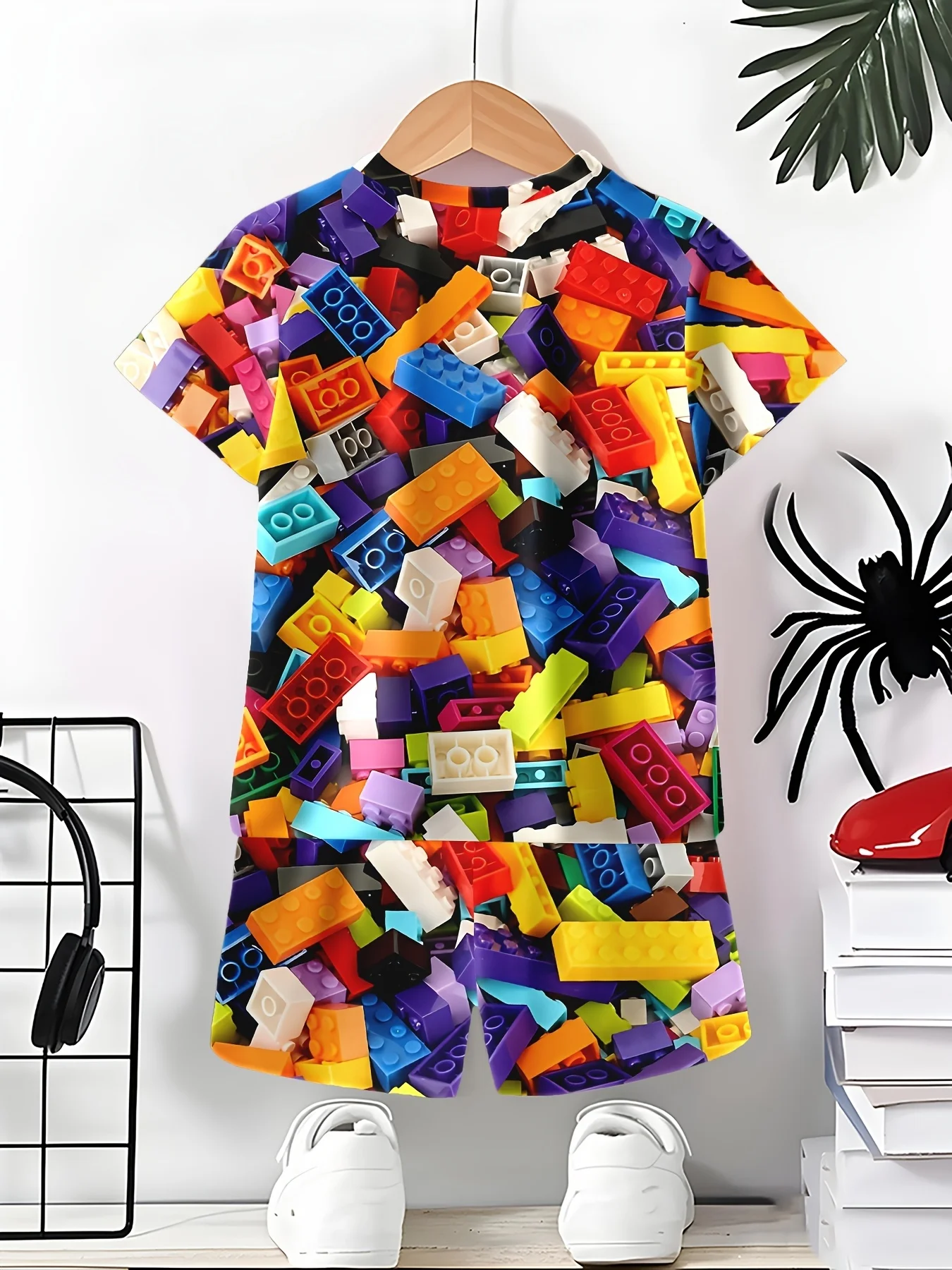 2026 Children's Clothing 3D Colourful Bricks Summer Tops Child Sets Short Sleeve Kids Tracksuit Sets Fashion Boys Kids Clothes