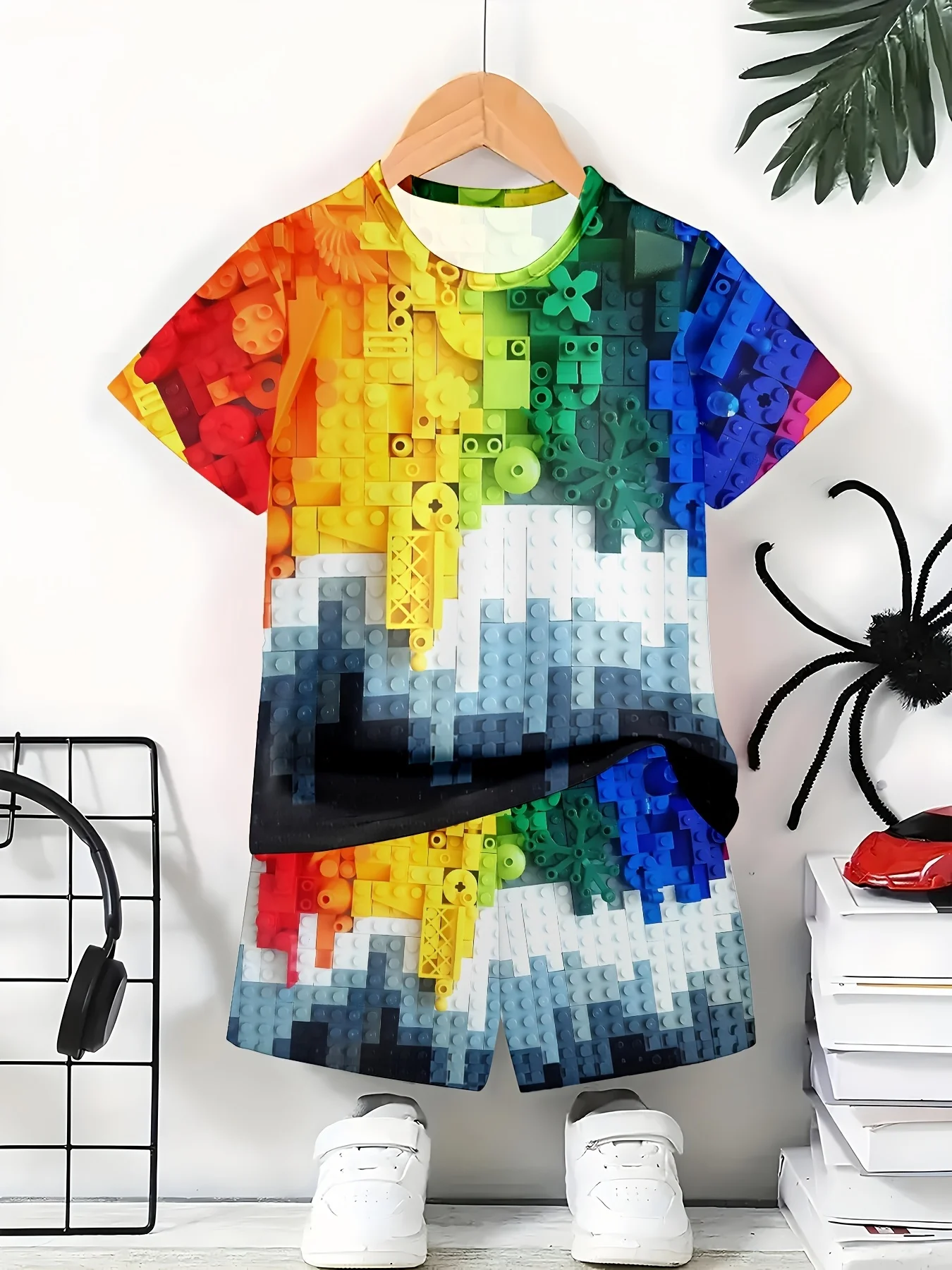 2026 Children's Clothing 3D Colourful Bricks Summer Tops Child Sets Short Sleeve Kids Tracksuit Sets Fashion Boys Kids Clothes