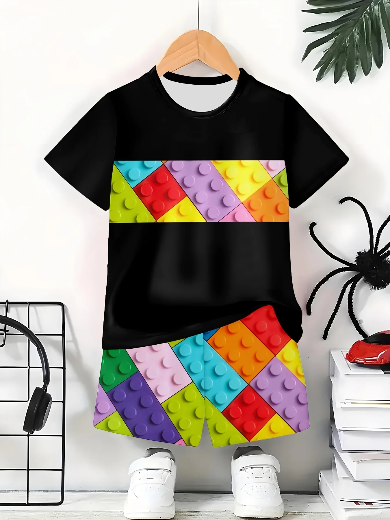 2026 Children's Clothing 3D Colourful Bricks Summer Tops Child Sets Short Sleeve Kids Tracksuit Sets Fashion Boys Kids Clothes