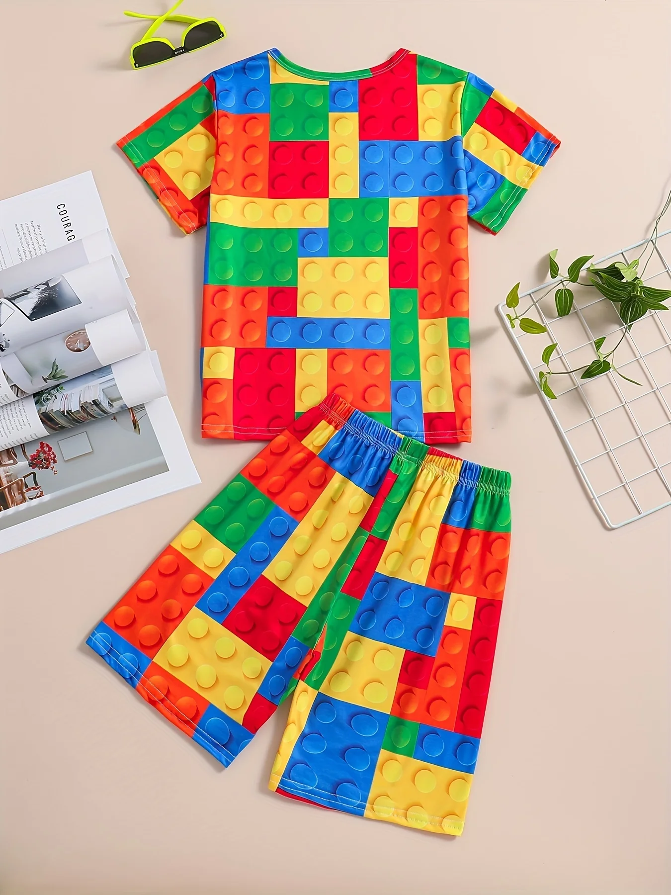 2026 Children's Clothing 3D Colourful Bricks Summer Tops Child Sets Short Sleeve Kids Tracksuit Sets Fashion Boys Kids Clothes