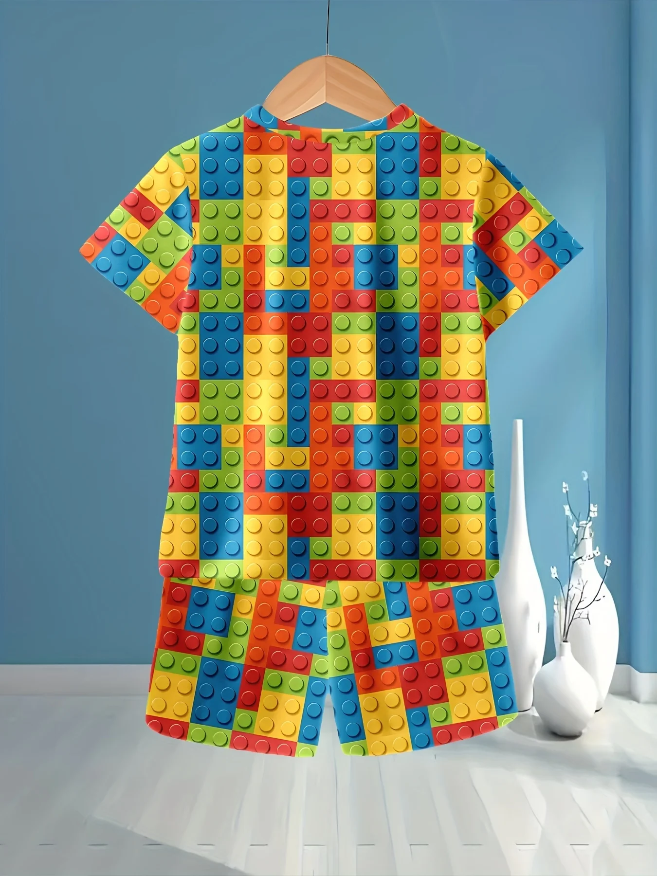 2026 Children's Clothing 3D Colourful Bricks Summer Tops Child Sets Short Sleeve Kids Tracksuit Sets Fashion Boys Kids Clothes
