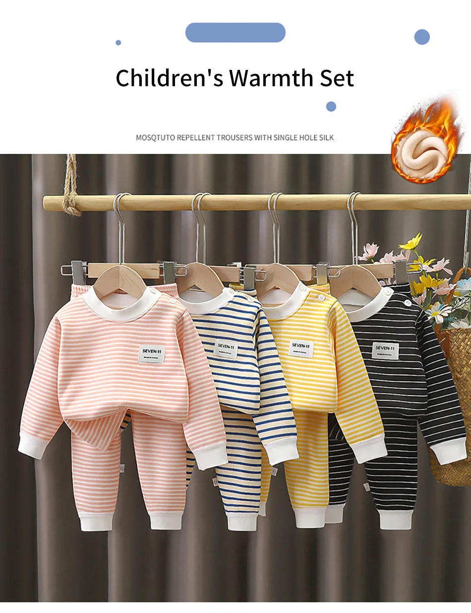 Baby Warm Clothing Set Fleece Lined Children Boys Girls Striped Underwear Sleepwear Set Ideal for Home Pajamas Autumn Winter