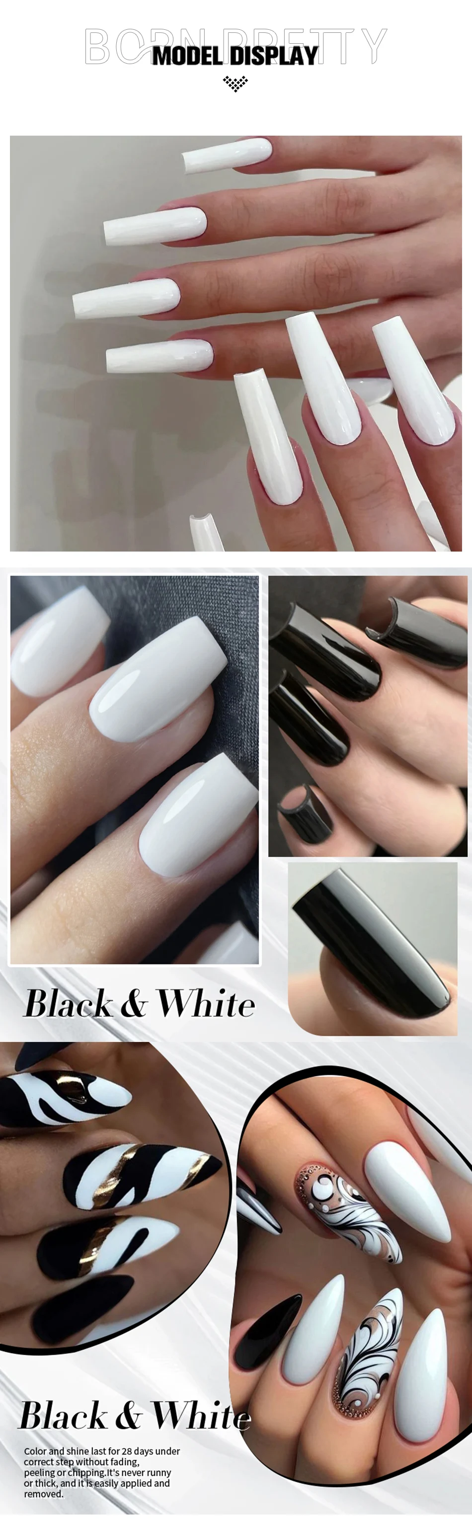 BORN PRETTY 250g Pure Black White Gel Nail Polish Semi Permanent Varnish Soak Off UV LED Nails Manicure