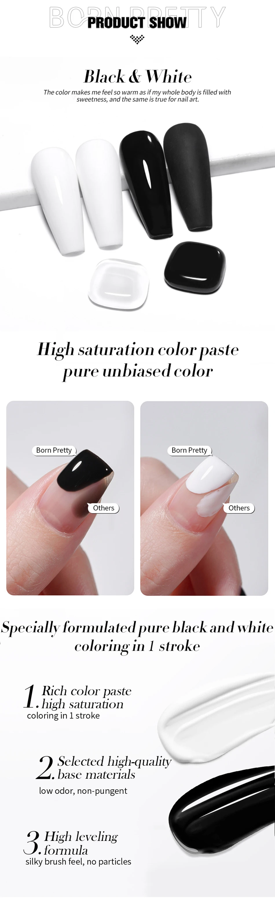 BORN PRETTY 250g Pure Black White Gel Nail Polish Semi Permanent Varnish Soak Off UV LED Nails Manicure