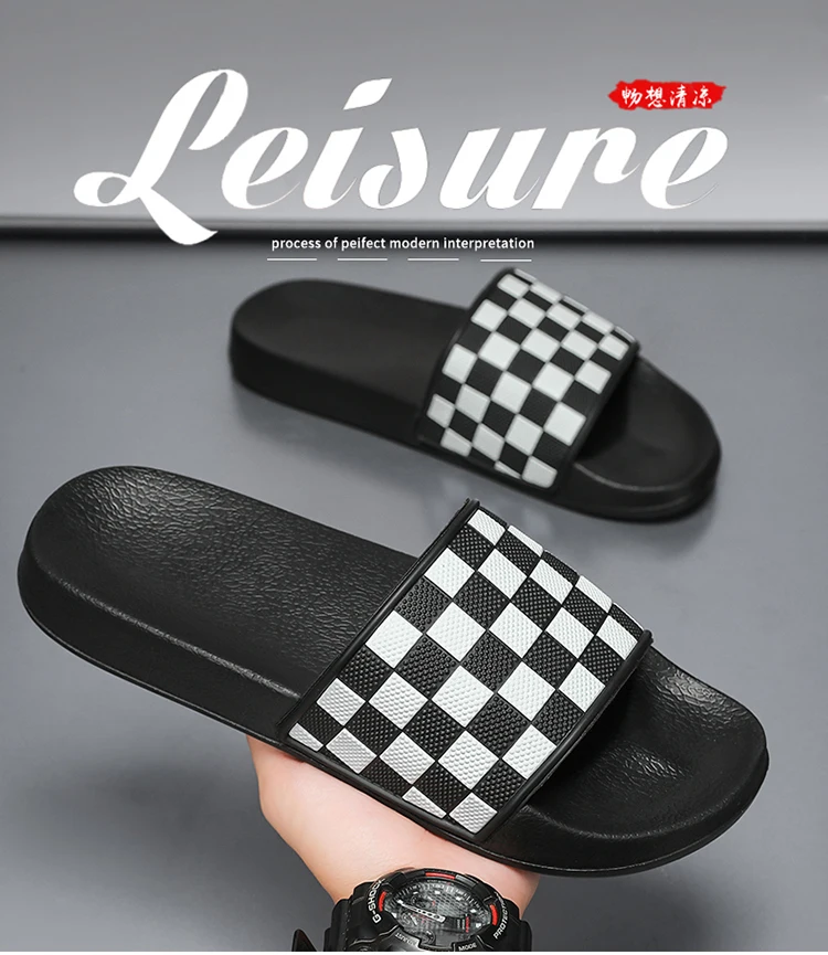 Summer Men's Slippers Are Comfortable and Simple. Sandals and Checkered Slippers Are Fashionable Outdoor Beach Slippers 45 46