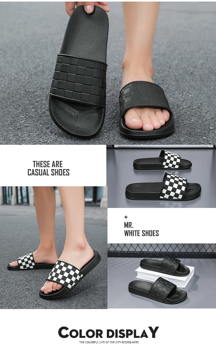 Summer Men's Slippers Are Comfortable and Simple. Sandals and Checkered Slippers Are Fashionable Outdoor Beach Slippers 45 46
