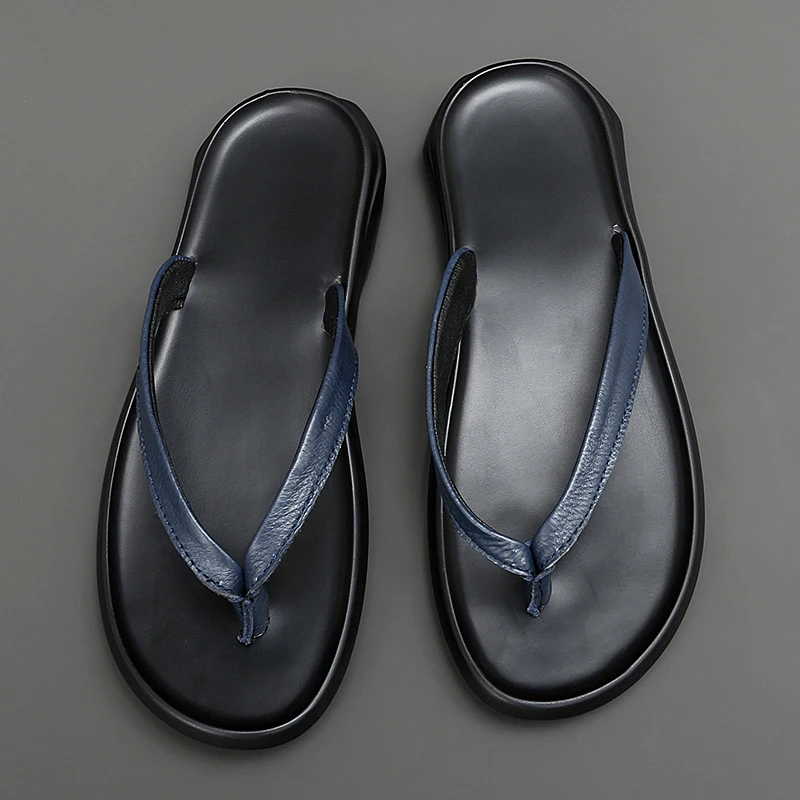 Summer Mens Luxury Genuine Leather Flip Flops Slippers For Men High Quality Flat Slippers Minimalist Size 38-44 Dropshipping