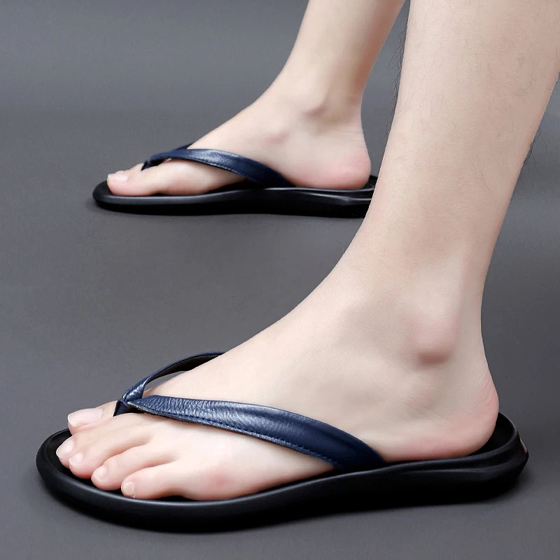 Summer Mens Luxury Genuine Leather Flip Flops Slippers For Men High Quality Flat Slippers Minimalist Size 38-44 Dropshipping