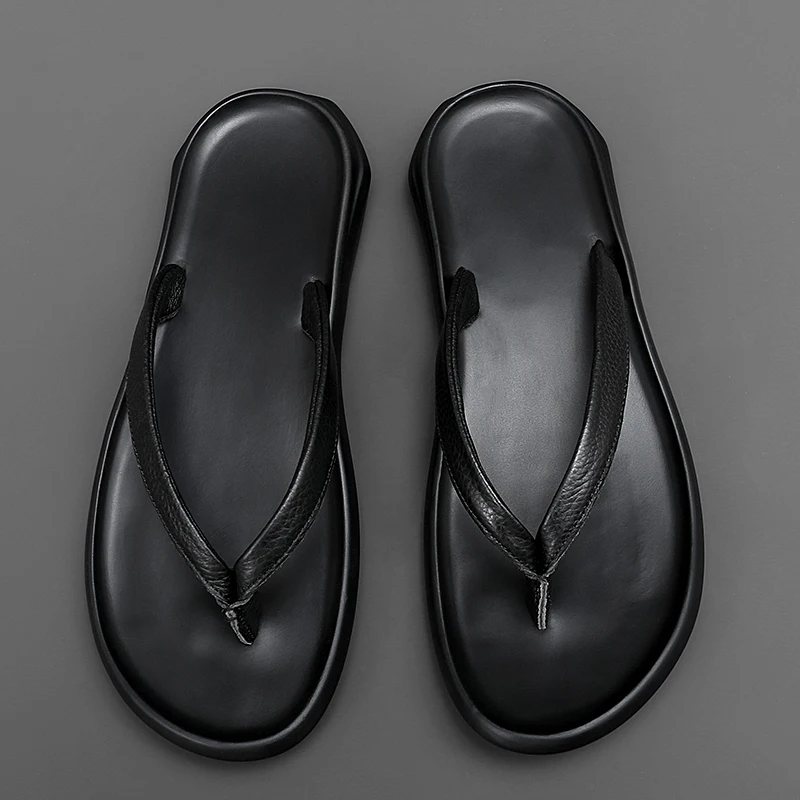 Summer Mens Luxury Genuine Leather Flip Flops Slippers For Men High Quality Flat Slippers Minimalist Size 38-44 Dropshipping